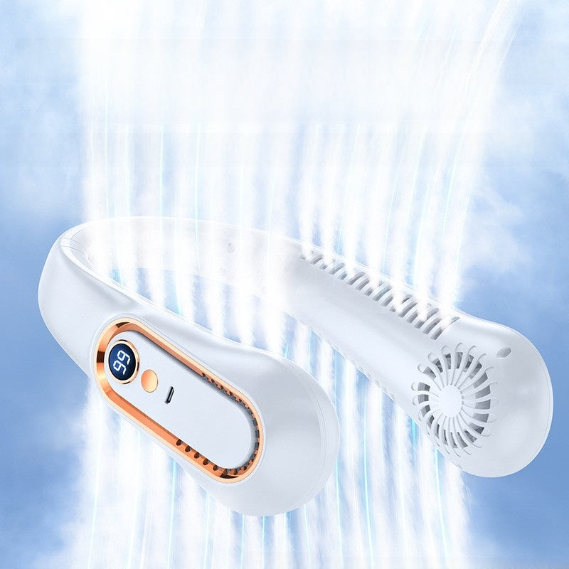 chillflow neck fan with digital display on a light blue background