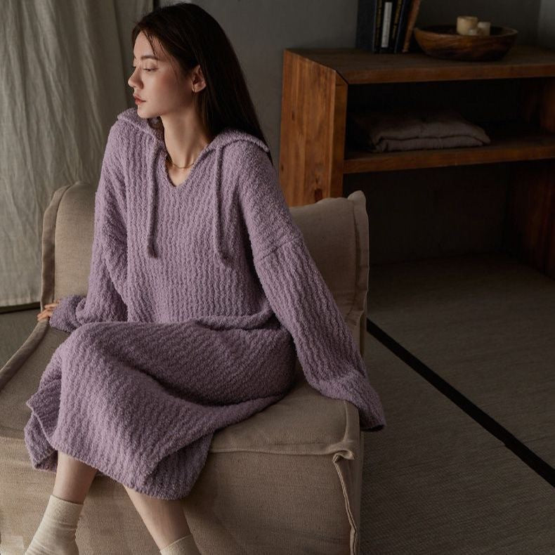 Luxury Half-Velvet Fleece-Lined Long Nightgown — Warm, Minimal, Relaxed Fit