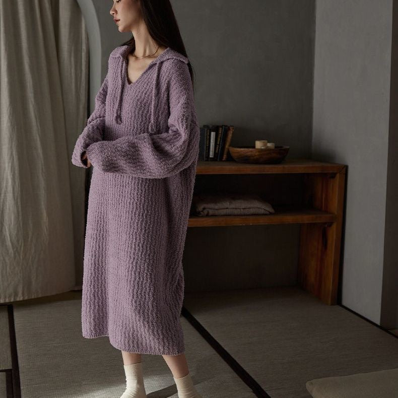 Luxury Half-Velvet Fleece-Lined Long Nightgown — Warm, Minimal, Relaxed Fit