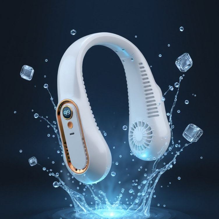 White chillflow fan with ice cubes and water droplets on a dark blue background